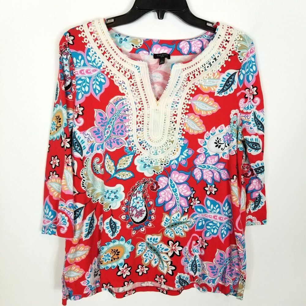 Talbots Women Lace Trim Tunic Top Blouse Sz L Petite Organic Cotton Boho Floral